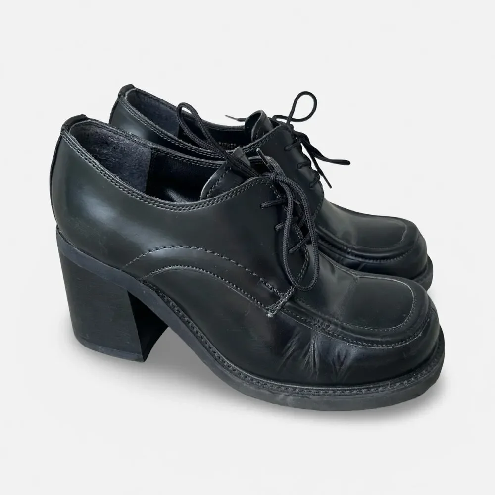 Vintage Y2K Steve Madden Black Leather Chunky Heel Oxford Shoes Size 7.5 grunge